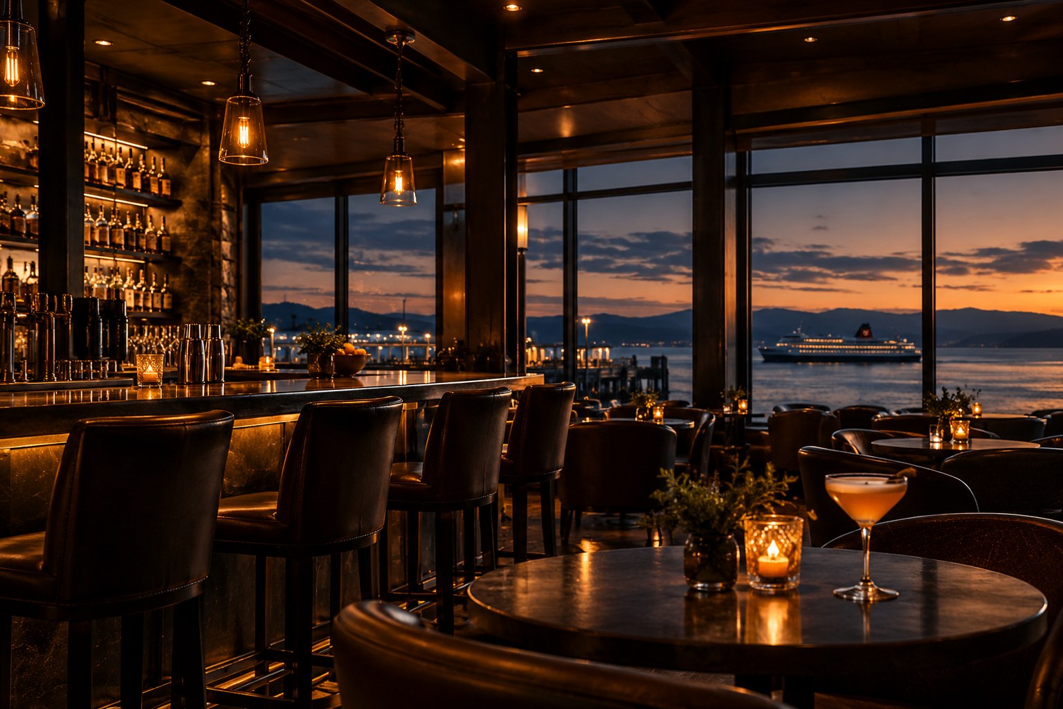 The candlelit lounge at dusk: leather bar stools, a cocktail on a marble table and the ferry passing beyond the windows