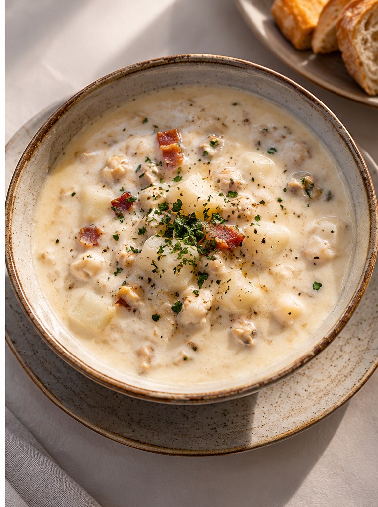 A bowl of creamy clam chowder with potatoes, bacon and parsley, bread on the side