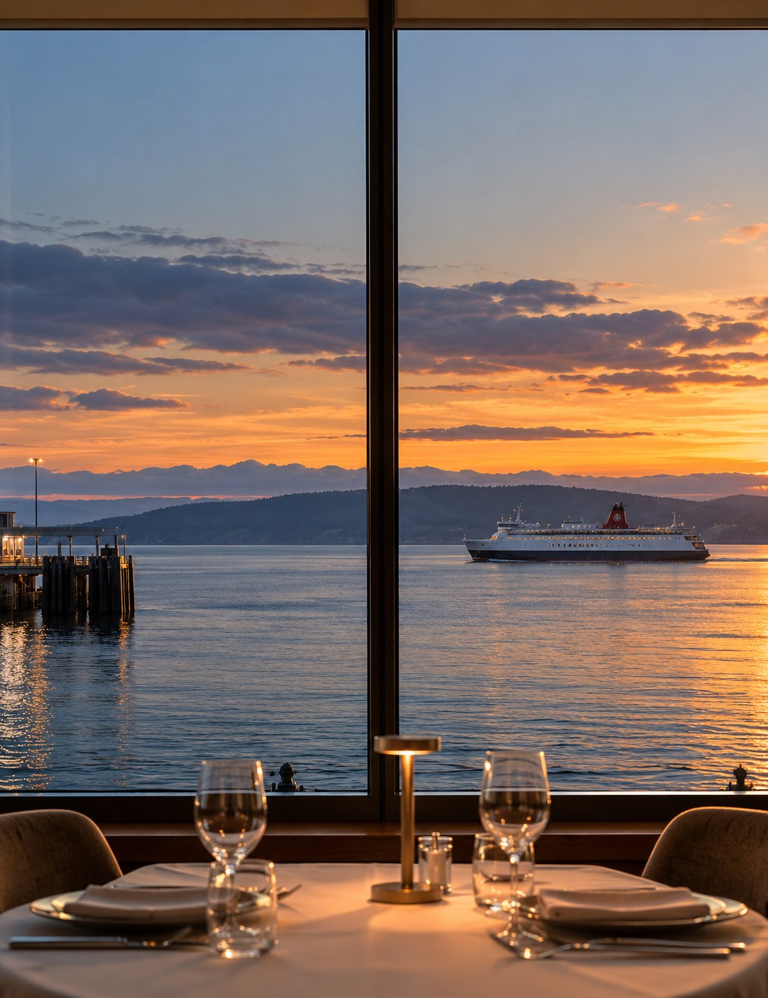 A table set for two beside floor-to-ceiling windows, the Victoria ferry crossing Port Angeles Harbor at sunset
