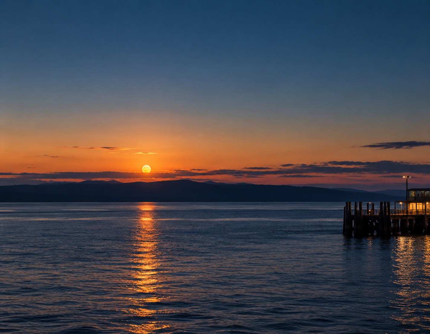 Sunset over the Strait of Juan de Fuca from Port Angeles, the ferry pier lit at the water's edge
